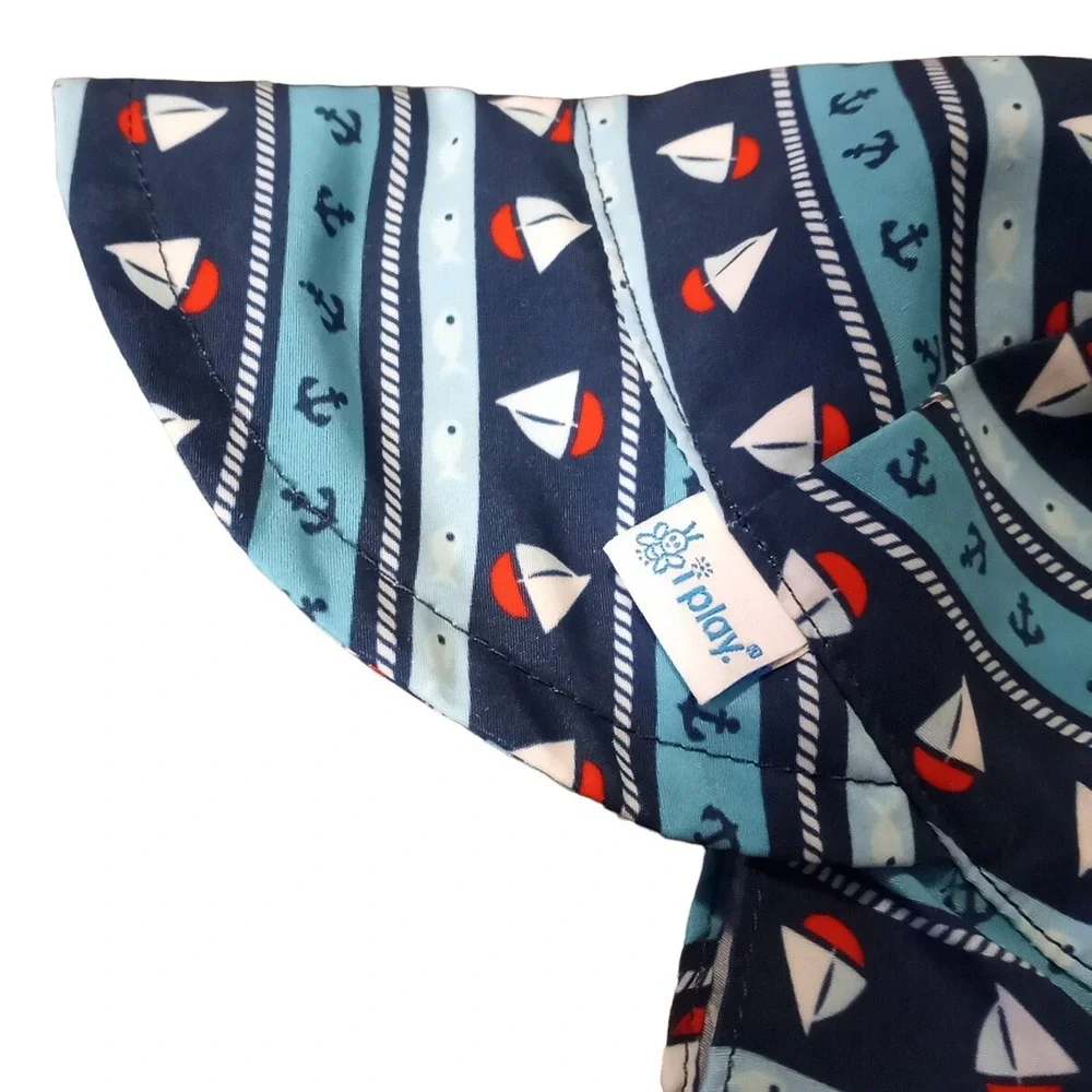 i Play Toddler 2T-4T Blue Green Sun Hat UPF 50+ Neck Covering Comfort Neck Tie